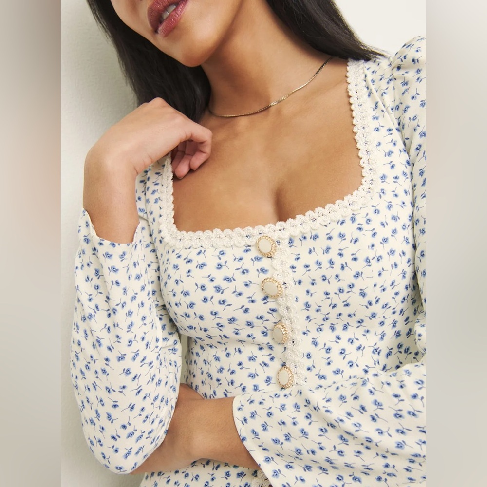 Reformation Cream Floral Button-Front Blouse with Blue Print - Picture 2 of 16